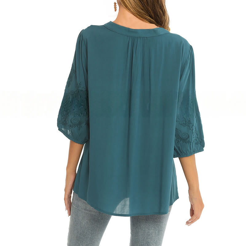 Camiseta informal de algodón con cuello en V y manga tres cuartos con bordado floral de Buddha Stones para mujer - image 8