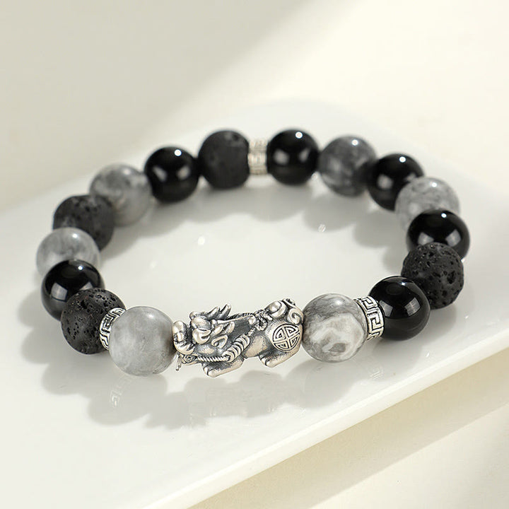 Pulsera de protección de piedra de lava con ónix negro y jaspe gris de Buddha Stones en plata de ley 999. - Ónix negro, jaspe gris y roca de lava (circunferencia de la muñeca: 14-15 cm) - image 0