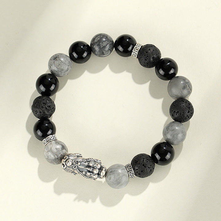 Pulsera de protección de piedra de lava con ónix negro y jaspe gris de Buddha Stones en plata de ley 999.