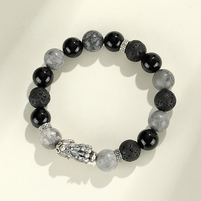 Pulsera de protección de piedra de lava con ónix negro y jaspe gris de Buddha Stones en plata de ley 999. - image 1