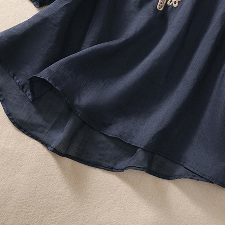 Camiseta de algodón y lino para mujer con diseño floral liso y bordado artístico de Buddha Stones, cuello redondo, manga corta y abullonada - image 4