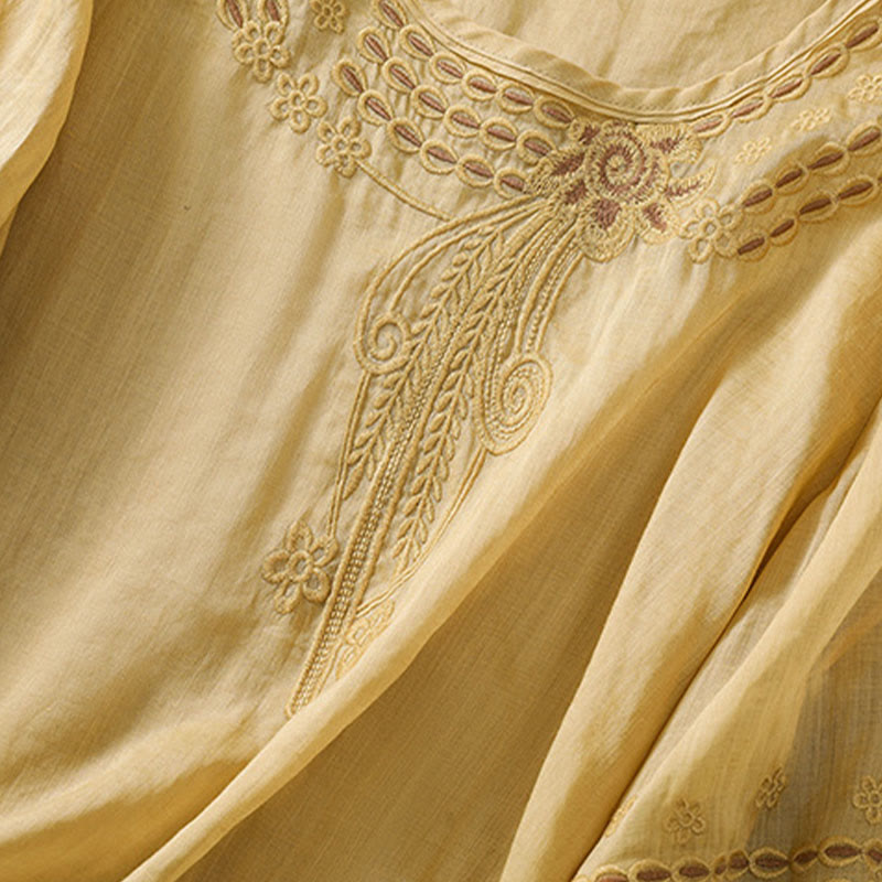 Camiseta de algodón y lino para mujer con diseño floral liso y bordado artístico de Buddha Stones, cuello redondo, manga corta y abullonada - image 15