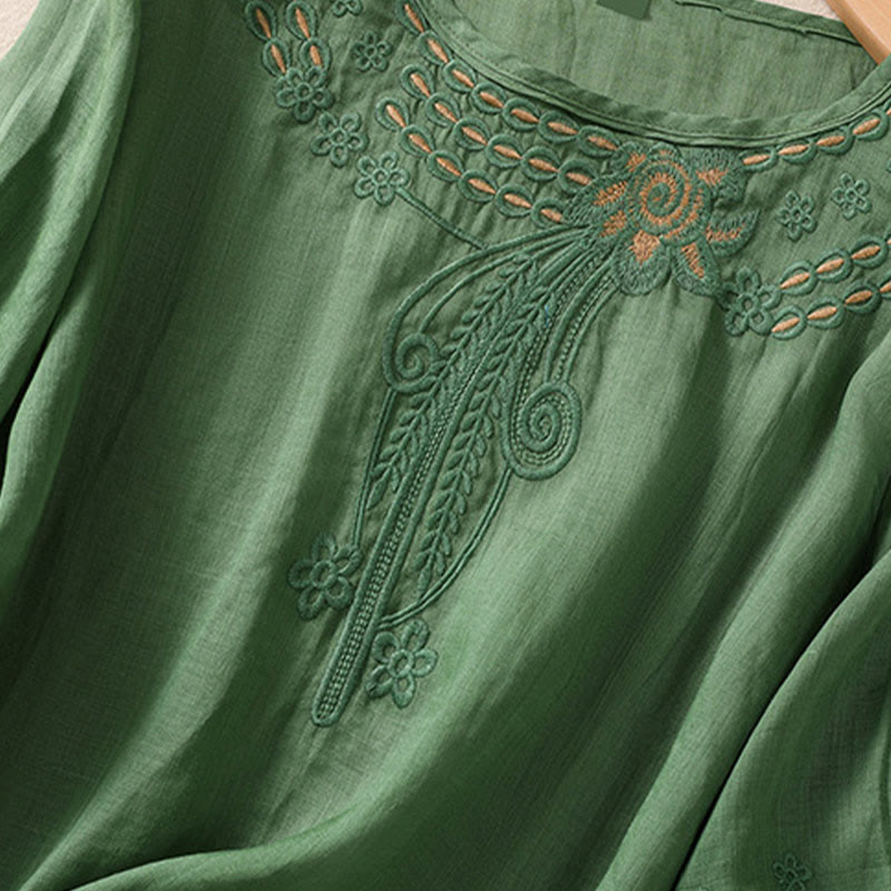 Camiseta de algodón y lino para mujer con diseño floral liso y bordado artístico de Buddha Stones, cuello redondo, manga corta y abullonada - image 22