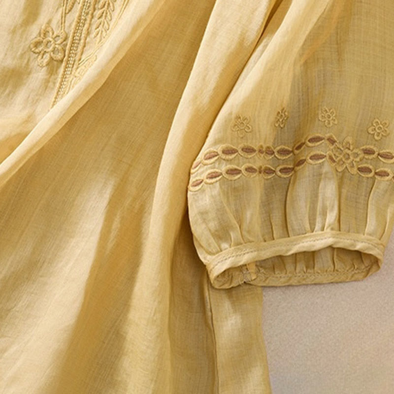 Camiseta de algodón y lino para mujer con diseño floral liso y bordado artístico de Buddha Stones, cuello redondo, manga corta y abullonada - image 17