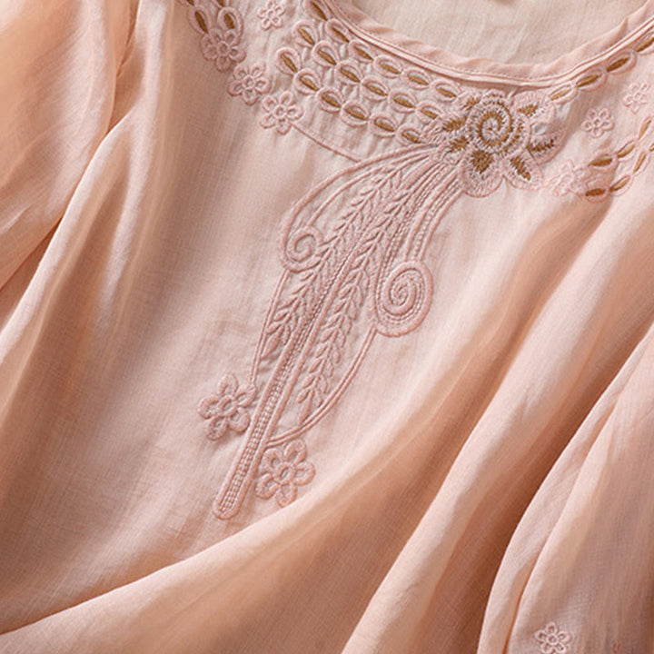 Camiseta de algodón y lino para mujer con diseño floral liso y bordado artístico de Buddha Stones, cuello redondo, manga corta y abullonada - image 6