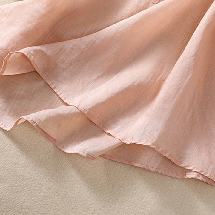 Camiseta de algodón y lino para mujer con diseño floral liso y bordado artístico de Buddha Stones, cuello redondo, manga corta y abullonada - image 10