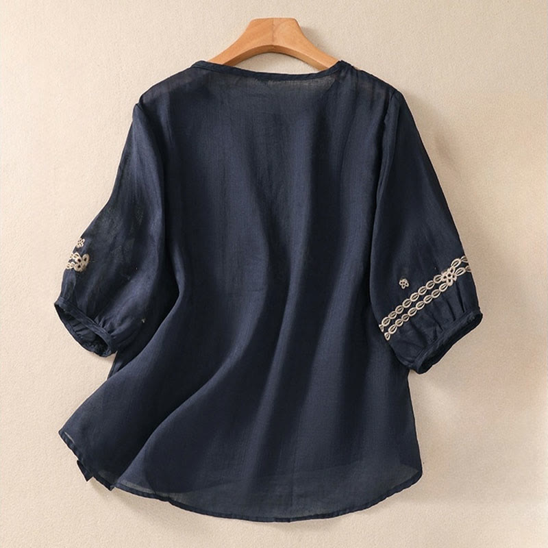 Camiseta de algodón y lino para mujer con diseño floral liso y bordado artístico de Buddha Stones, cuello redondo, manga corta y abullonada - image 1