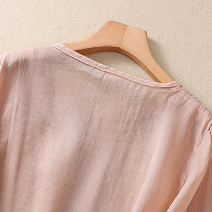 Camiseta de algodón y lino para mujer con diseño floral liso y bordado artístico de Buddha Stones, cuello redondo, manga corta y abullonada - image 8