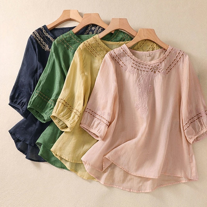 Camiseta de algodón y lino para mujer con diseño floral liso y bordado artístico de Buddha Stones, cuello redondo, manga corta y abullonada - image 25