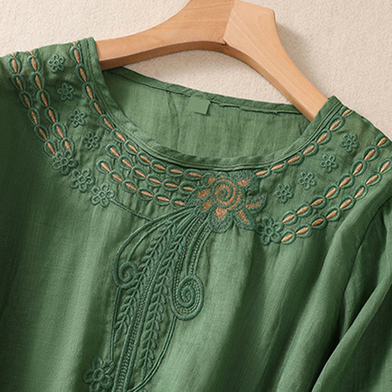 Camiseta de algodón y lino para mujer con diseño floral liso y bordado artístico de Buddha Stones, cuello redondo, manga corta y abullonada - image 20