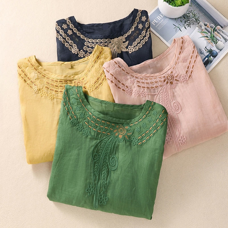 Camiseta de mujer con cuello redondo y mangas abullonadas, diseño floral liso y artístico de Buddha Stones. - image 26