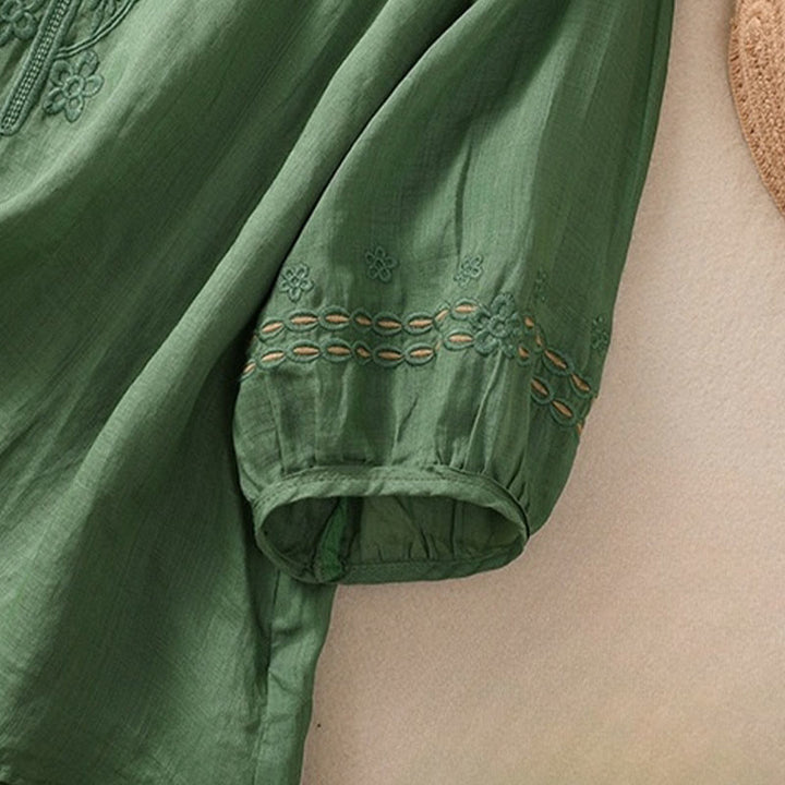 Camiseta de algodón y lino para mujer con diseño floral liso y bordado artístico de Buddha Stones, cuello redondo, manga corta y abullonada - image 23