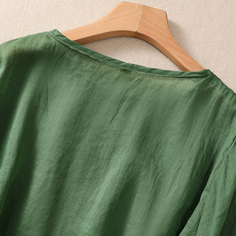 Camiseta de algodón y lino para mujer con diseño floral liso y bordado artístico de Buddha Stones, cuello redondo, manga corta y abullonada - image 21