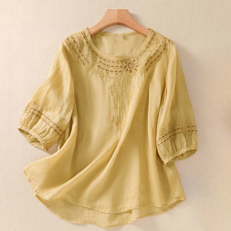 Camiseta de algodón y lino para mujer con diseño floral liso y bordado artístico de Buddha Stones, cuello redondo, manga corta y abullonada - Caqui - US8-10，UK/AU12-14，EU40-42 (2XL) - image 12