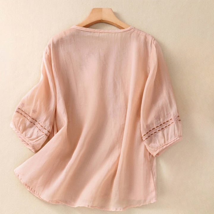 Camiseta de algodón y lino para mujer con diseño floral liso y bordado artístico de Buddha Stones, cuello redondo, manga corta y abullonada - MistyRose - US8-10，UK/AU12-14，EU40-42 (2XL) - image 5