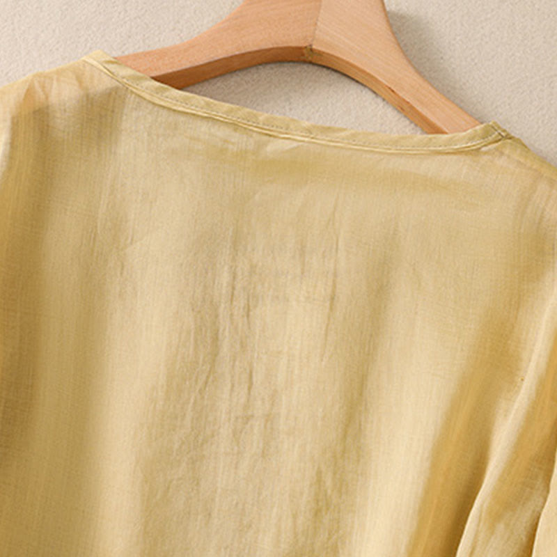 Camiseta de algodón y lino para mujer con diseño floral liso y bordado artístico de Buddha Stones, cuello redondo, manga corta y abullonada - image 16