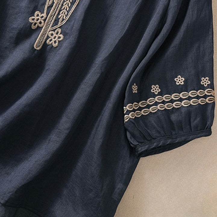 Camiseta de algodón y lino para mujer con diseño floral liso y bordado artístico de Buddha Stones, cuello redondo, manga corta y abullonada - image 3