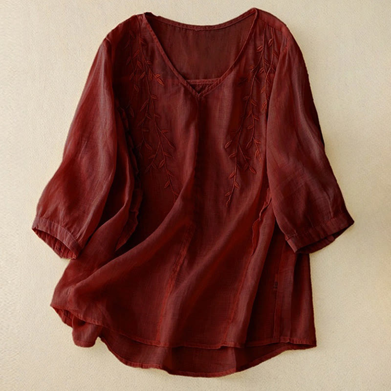 Camisa informal con cuello en V y media manga con bordado de hojas de sauce y Buddha Stones para mujer - Marrón - US8-10，UK/AU12-14，EU40-42 (2XL) - image 8