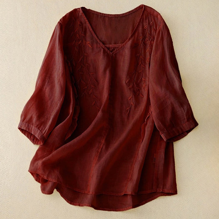 Camisa informal con cuello en V y media manga con bordado de hojas de sauce y Buddha Stones para mujer - Marrón - US8-10，UK/AU12-14，EU40-42 (2XL) - image 8