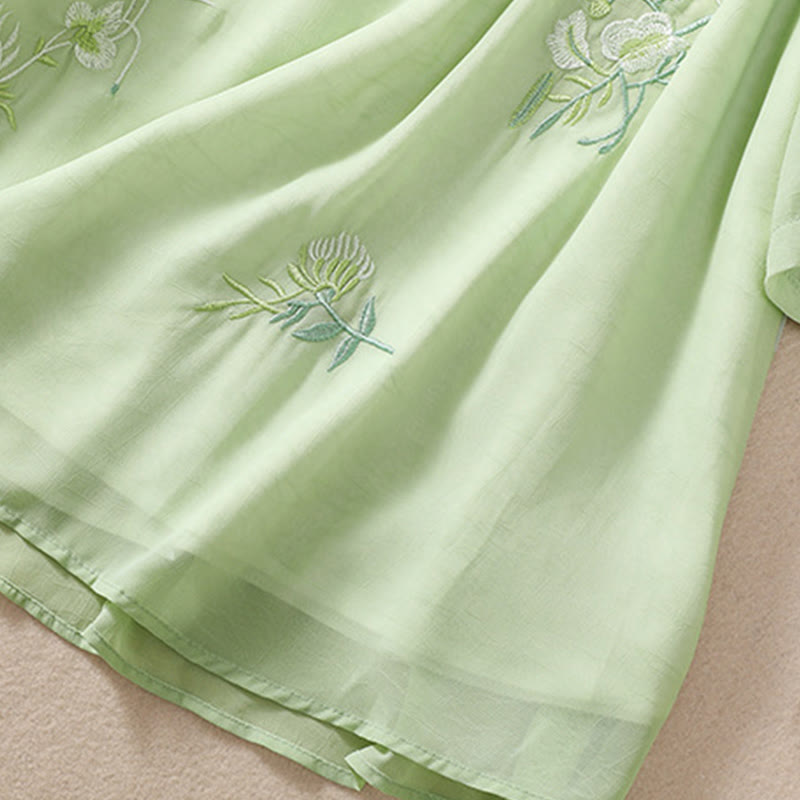 Camisa de mujer con cuello alto, media manga, botones de rana, diseño de Buddha Stones , bordado de plantas y flores - image 7