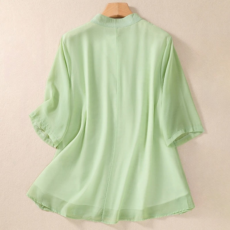 Camisa de mujer con cuello alto, media manga, botones de rana, diseño de Buddha Stones , bordado de plantas y flores - image 1