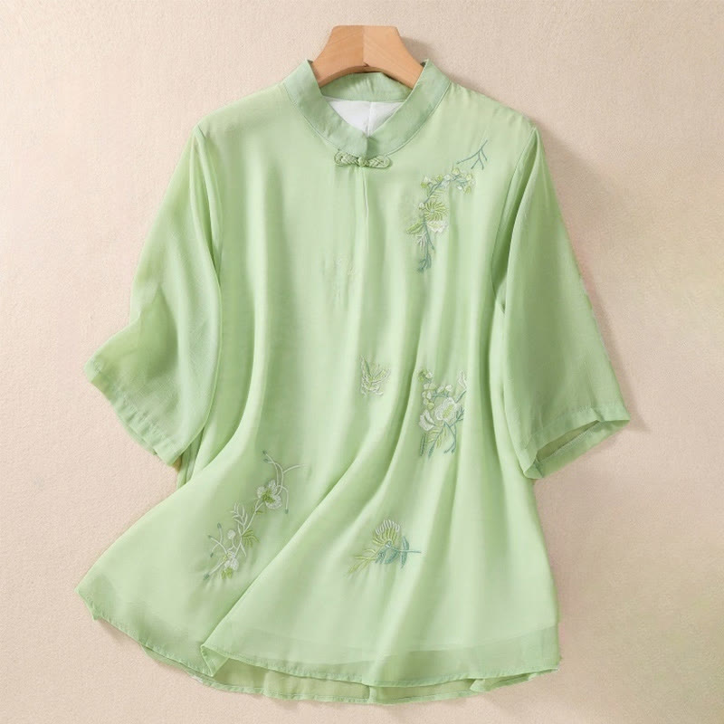 Camisa de mujer con cuello alto, media manga, botones de rana, diseño de Buddha Stones , bordado de plantas y flores - Verde pálido - US8-10，UK/AU12-14，EU40-42 (2XL) - image 0