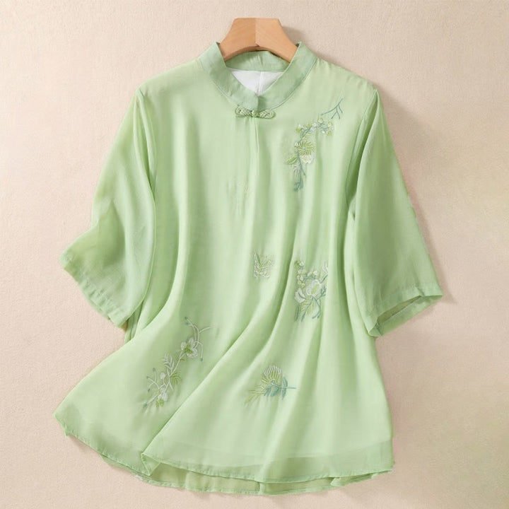 Camisa de mujer con cuello alto, media manga, botones de rana, diseño de Buddha Stones , bordado de plantas y flores - Verde pálido - US8-10，UK/AU12-14，EU40-42 (2XL) - image 0