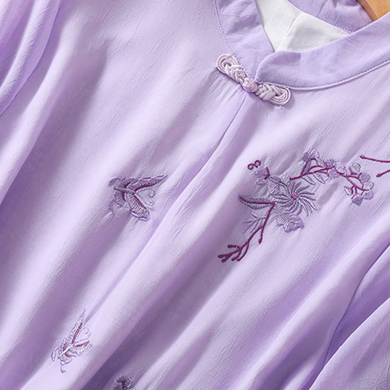 Camisa de mujer con cuello alto, media manga, botones de rana, diseño de Buddha Stones , bordado de plantas y flores - image 22