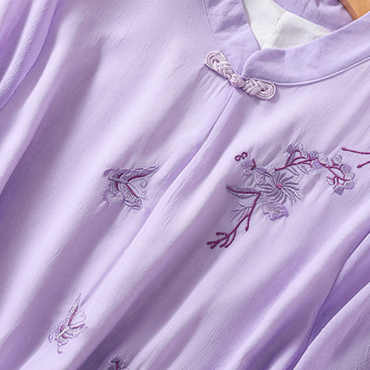 Camisa de mujer con cuello alto, media manga, botones de rana, diseño de Buddha Stones , bordado de plantas y flores - image 22