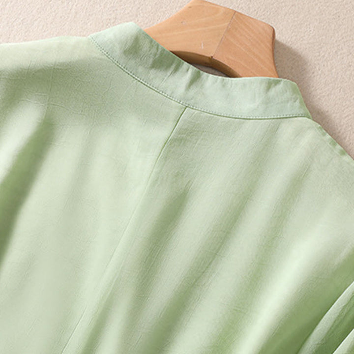 Camisa de mujer con cuello alto, media manga, botones de rana, diseño de Buddha Stones , bordado de plantas y flores - image 4