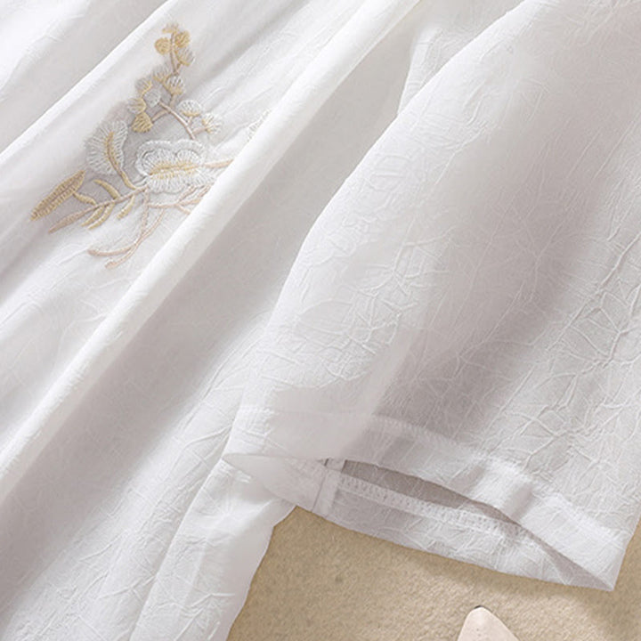 Camisa de mujer con cuello alto, media manga, botones de rana, diseño de Buddha Stones , bordado de plantas y flores - image 15