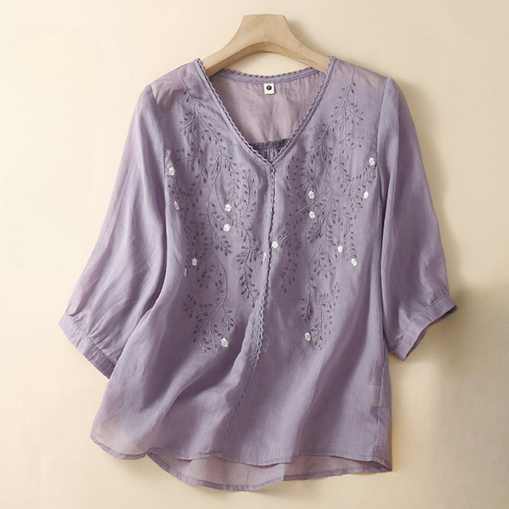 Camiseta de mujer de manga corta con cuello en V y estampado de ramas florales bordadas, estilo casual veraniego con Buddha Stones. - Orquídea mediana - US8-10，UK/AU12-14，EU40-42 (2XL) - image 7