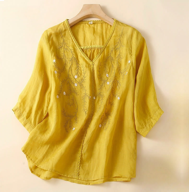 Camiseta de mujer de manga corta con cuello en V y estampado de ramas florales bordadas, estilo casual veraniego con Buddha Stones. - Oro - US8-10，UK/AU12-14，EU40-42 (2XL) - image 0