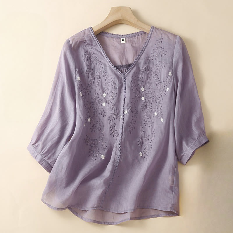 Camiseta de mujer de manga corta con cuello en V y estampado de ramas florales bordadas, estilo casual veraniego con Buddha Stones. - Orquídea mediana - US8-10，UK/AU12-14，EU40-42 (2XL) - image 7