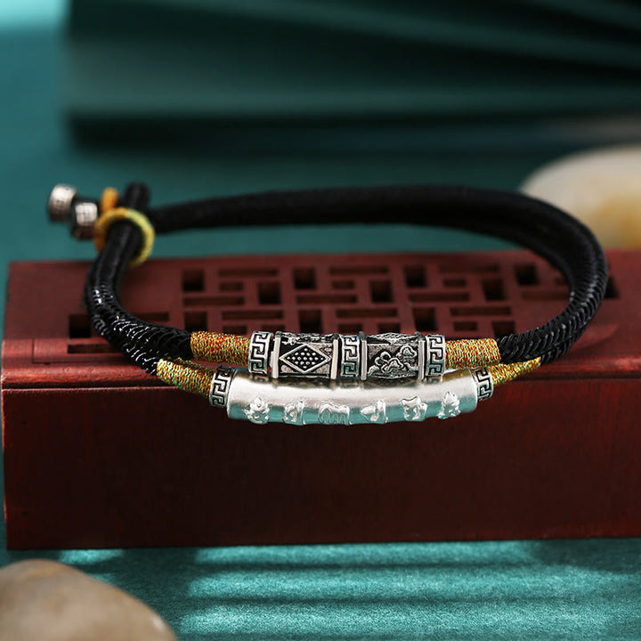 Pulsera tejida a mano con nudo de dragón y Buddha Stones en plata de ley con Om Mani Padme Hum - Cuerda negra (circunferencia de la muñeca: 15-20 cm) - image 0