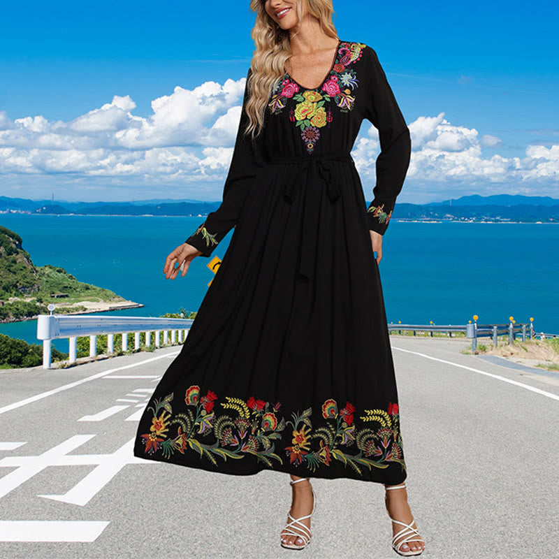 Vestido largo de algodón con bordado étnico, estampado floral y Buddha Stones, color negro liso y suelto - Negro - US12, UK/AU16, EU44 (3XL) - image 0