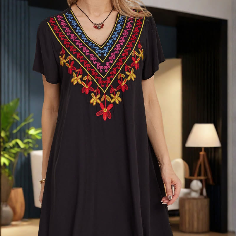 Vestido midi de algodón con cuello en V y manga corta con bordado geométrico, estilo bohemio, informal, de verano, con Buddha Stones en negro - image 9