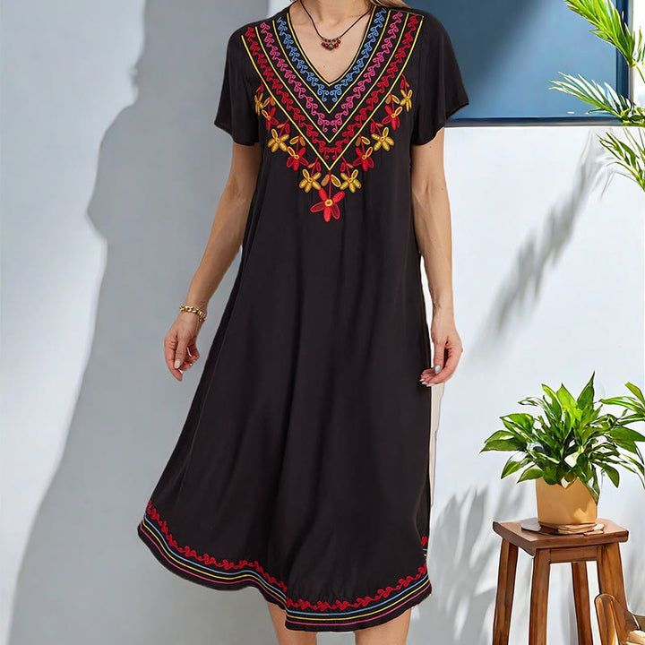 Vestido midi de algodón con cuello en V y manga corta con bordado geométrico, estilo bohemio, informal, de verano, con Buddha Stones en negro - image 8