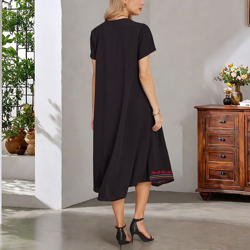 Vestido midi de algodón con cuello en V y manga corta con bordado geométrico, estilo bohemio, informal, de verano, con Buddha Stones en negro - image 6