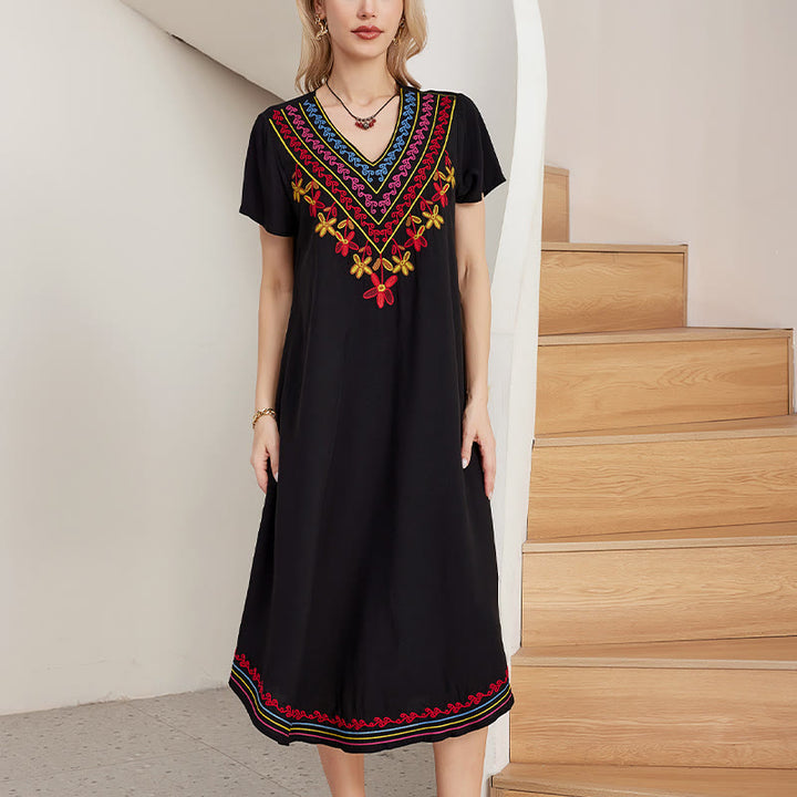 Vestido midi de algodón con cuello en V y manga corta con bordado geométrico, estilo bohemio, informal, de verano, con Buddha Stones en negro - image 1
