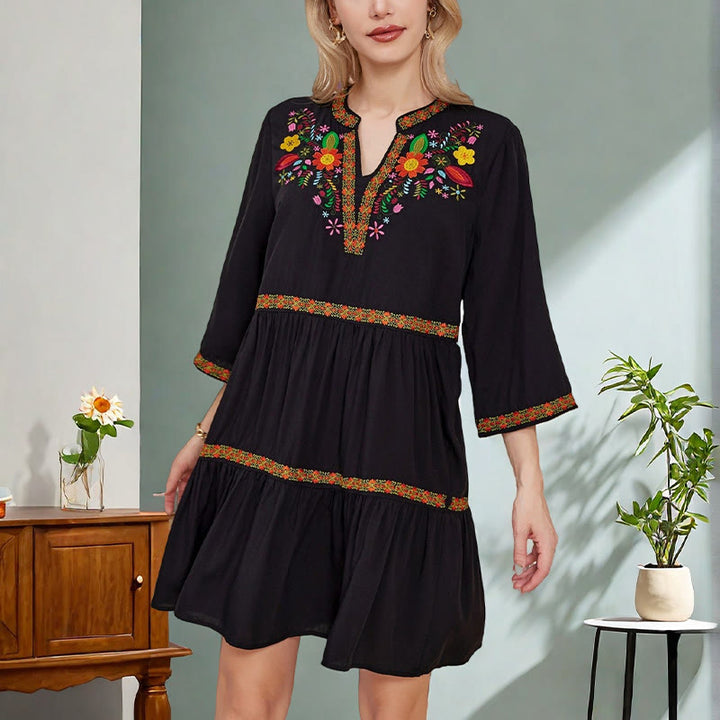 Vestido midi de algodón con mangas tres cuartos y bordado bohemio, estampado floral geométrico y negro con Buddha Stones - Negro - US8-10，UK/AU12-14，EU40-42 (2XL) - image 0