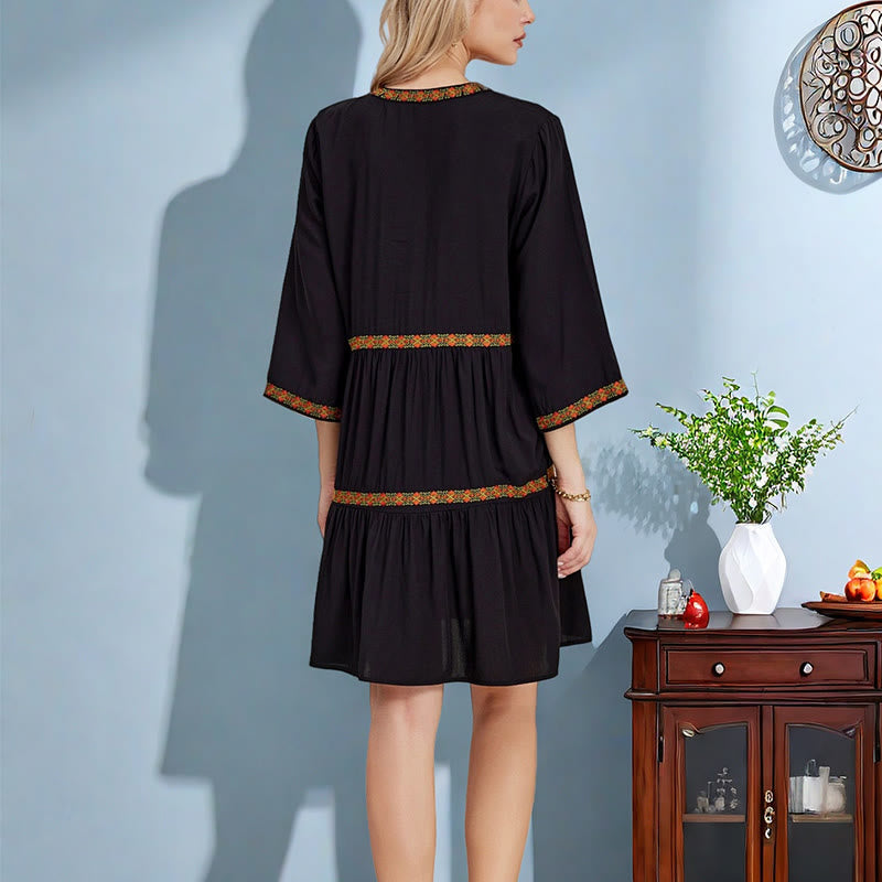 Vestido midi de algodón con mangas tres cuartos y bordado bohemio, estampado floral geométrico y negro con Buddha Stones - image 3