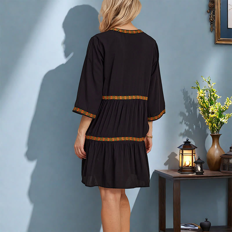 Vestido midi de algodón con mangas tres cuartos y bordado bohemio, estampado floral geométrico y negro con Buddha Stones - image 5