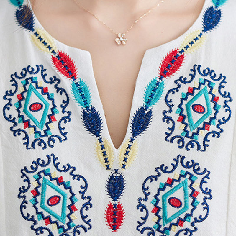 Vestido largo de lino y algodón con mangas tres cuartos, bordado étnico, estampado floral y Buddha Stones - image 5