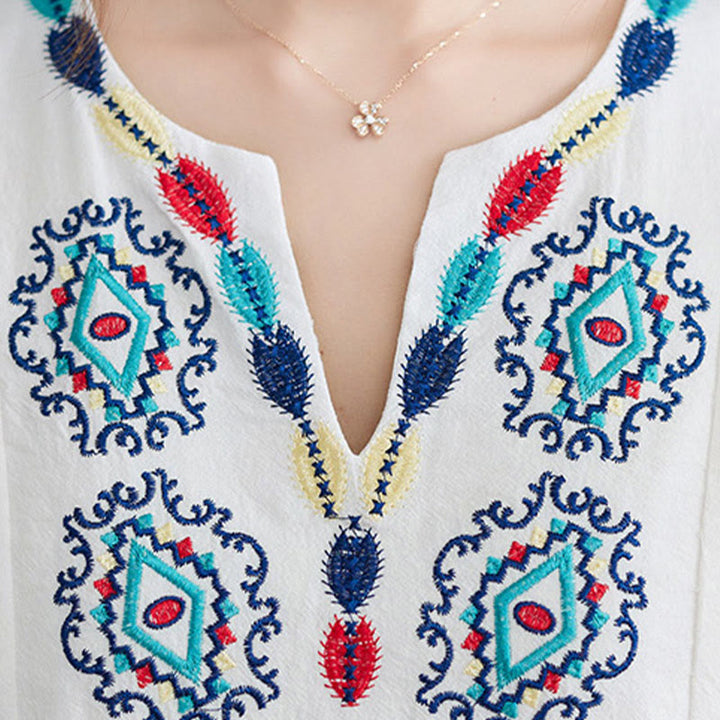 Vestido largo de lino y algodón con mangas tres cuartos, bordado étnico, estampado floral y Buddha Stones - image 5