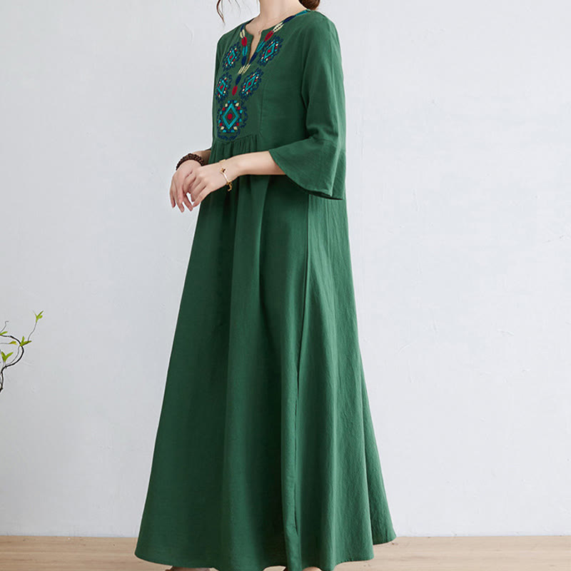 Vestido largo de lino y algodón con mangas tres cuartos, bordado étnico, estampado floral y Buddha Stones - image 16