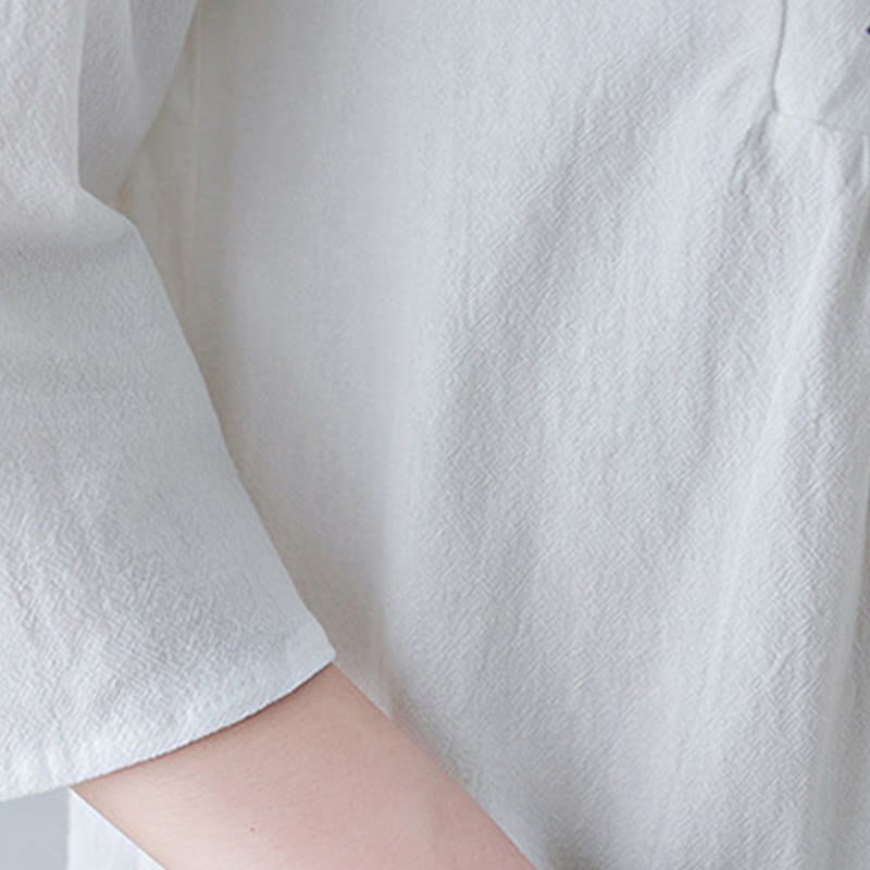 Vestido largo de lino y algodón con cuello en V, manga tres cuartos y diseño floral sencillo con bordado bohemio y Buddha Stones - image 9