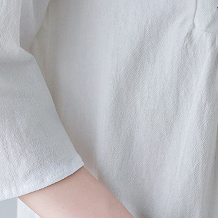 Vestido largo de lino y algodón con cuello en V, manga tres cuartos y diseño floral sencillo con bordado bohemio y Buddha Stones - image 9