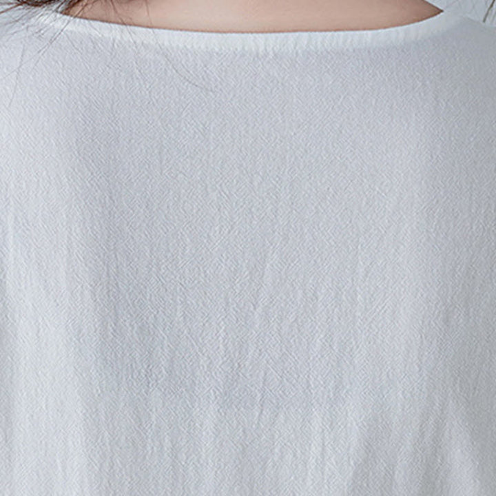 Vestido largo de lino y algodón con cuello en V, manga tres cuartos y diseño floral sencillo con bordado bohemio y Buddha Stones - image 10