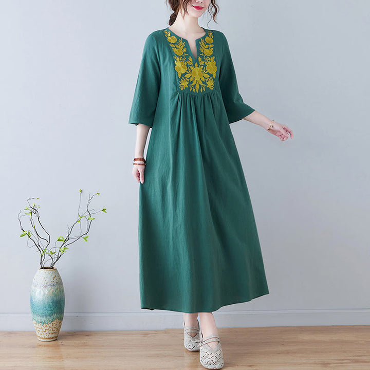 Vestido largo de lino y algodón con cuello en V, manga tres cuartos y diseño floral sencillo con bordado bohemio y Buddha Stones - Verde - US8-10，UK/AU12-14，EU40-42 (2XL) - image 18